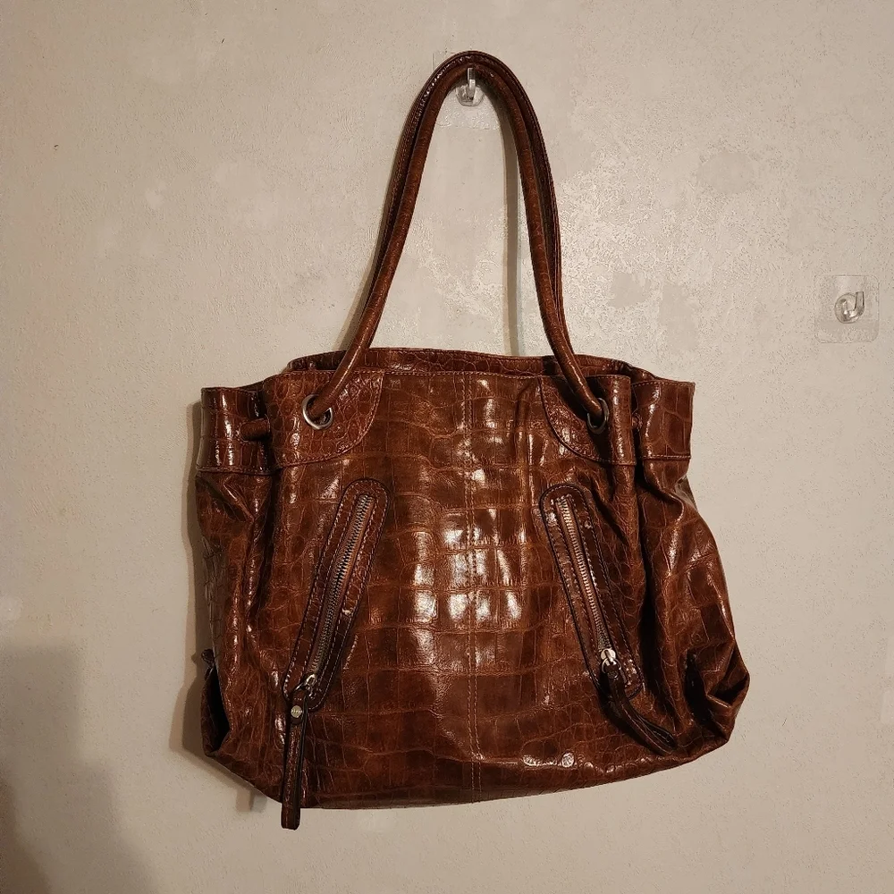 Elle Embossed Brown Vinyl Shoulder Bag - Picture 2 of 13